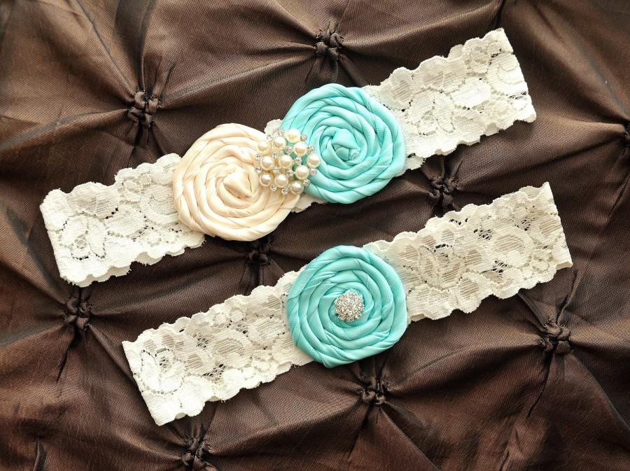 Wedding - Wedding Garter Belt, Bridal Garter Set, Aqua Garter - Ivory Lace Garter, Keepsake Garter, Toss Garter Rolled Silk Rosette Ivory Aqua