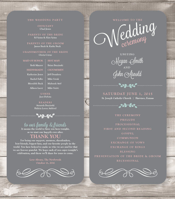 Mariage - PRINTED Wedding Programs - 4x9 inches Soft Gray - Style P2