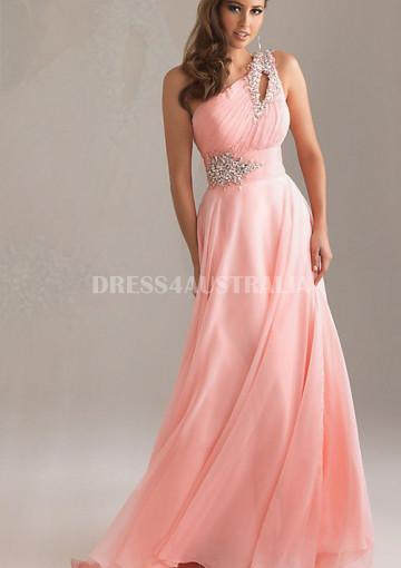 Wedding - Buy Australia A-line One-shoulder Beading Pink Chiffon Long Formal Dress/ Prom Dresses at AU$164.94 - Dress4Australia.com.au
