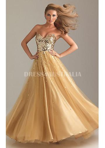 زفاف - Buy Australia A-line Strapless Gold Sequins Long Formal Dress/ Prom Dresses at AU$187.38 - Dress4Australia.com.au