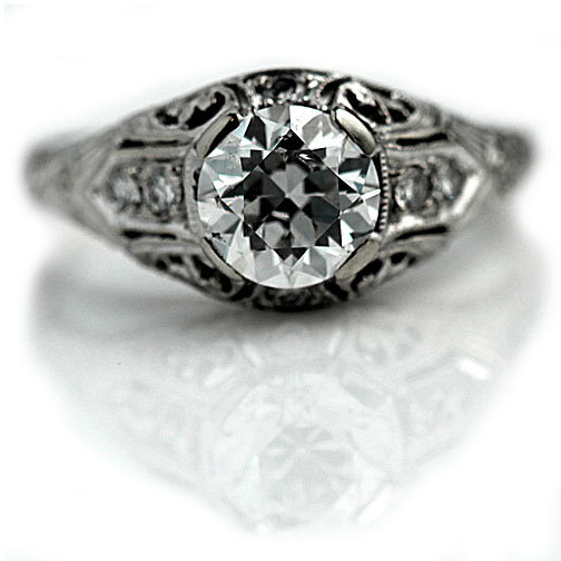 Wedding - Antique engagement ring 1 carat diamond engagement ring in 18k white gold set with Old European cut diamonds
