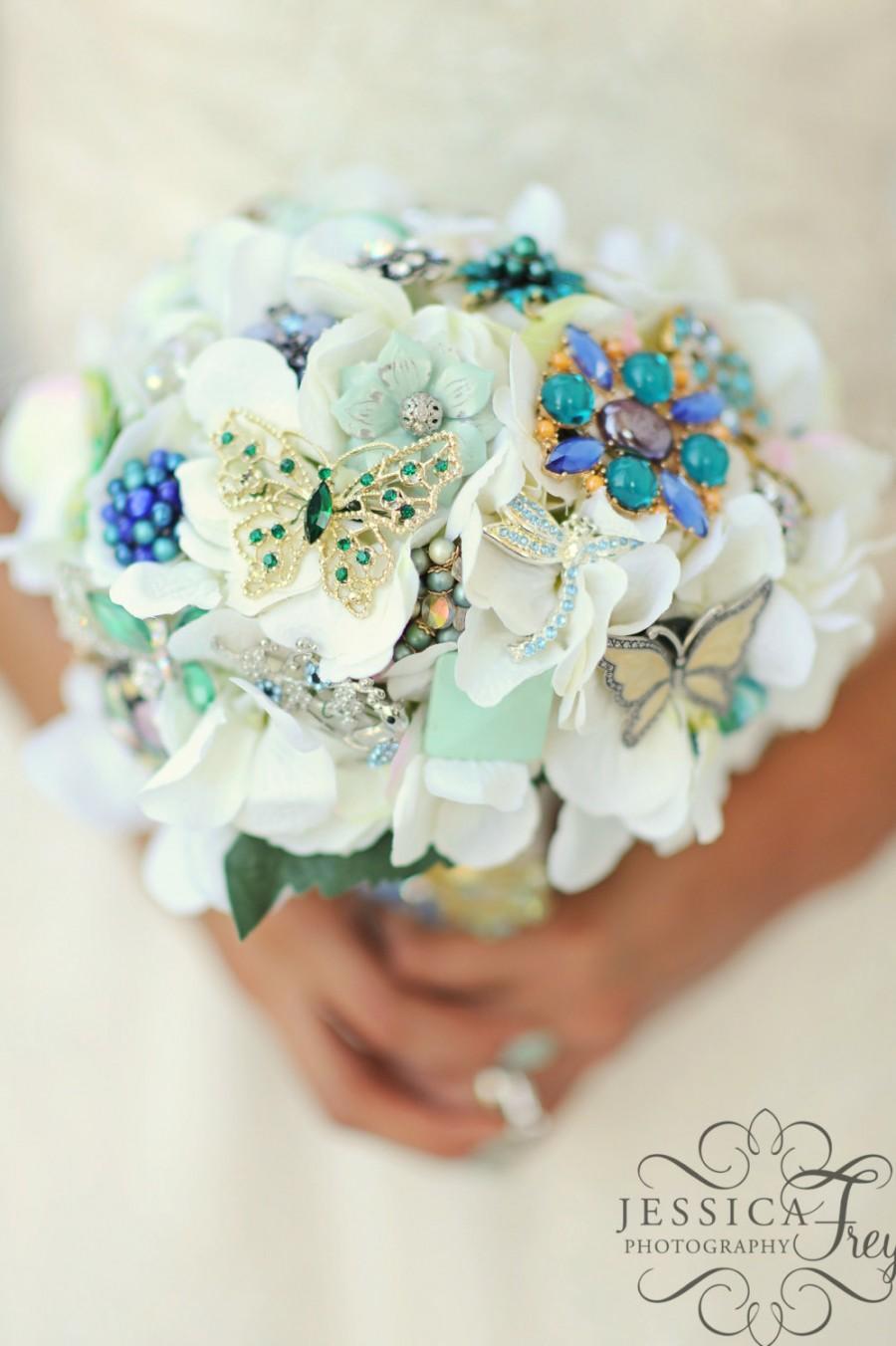 Mariage - Brooch Bouquet Vintage green mint aqua blue bridal bouquet