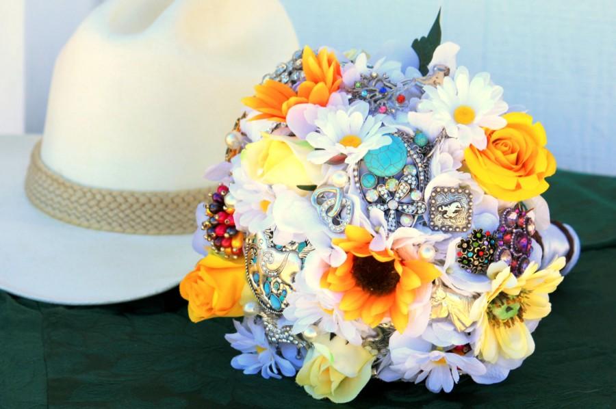 Mariage - Country Western Cowboy sunflower  Brooch Bouquet bridal wedding FREE TOSS BOUQUET