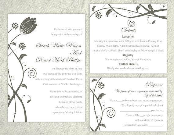 Hochzeit - Printable Wedding Invitation Suite Printable Invitation Set Gray Wedding Invitation Flower Invitation Download Invitation Edited jpeg file