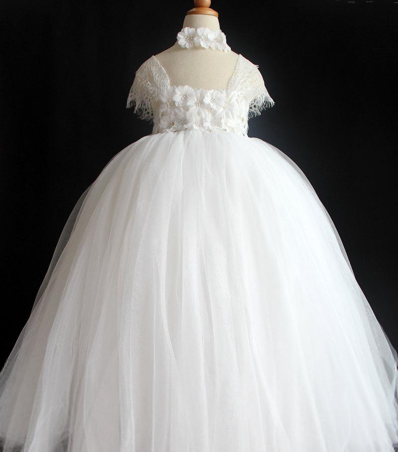 زفاف - White Flower Girl Dress Shabby Flowers Dress Tulle Dress Wedding Dress Birthday Dress Toddler Tutu Dress 1T-10T (With a Matching Headpiece)