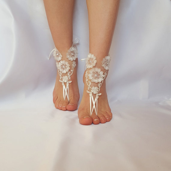 Hochzeit - ivory silver frame barefoot beach wedding country wedding french lace sandals wedding shoe embroidered barefeet sandals Steampunk beach pool