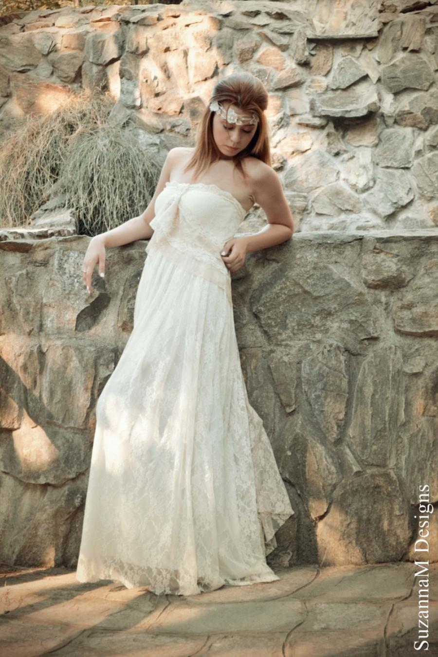 زفاف - Ivory Lace Bohemian Wedding Dress Long Strappless Bridal Wedding Retro Gown with Cream Lace Details - Handmade by SuzannaM Designs