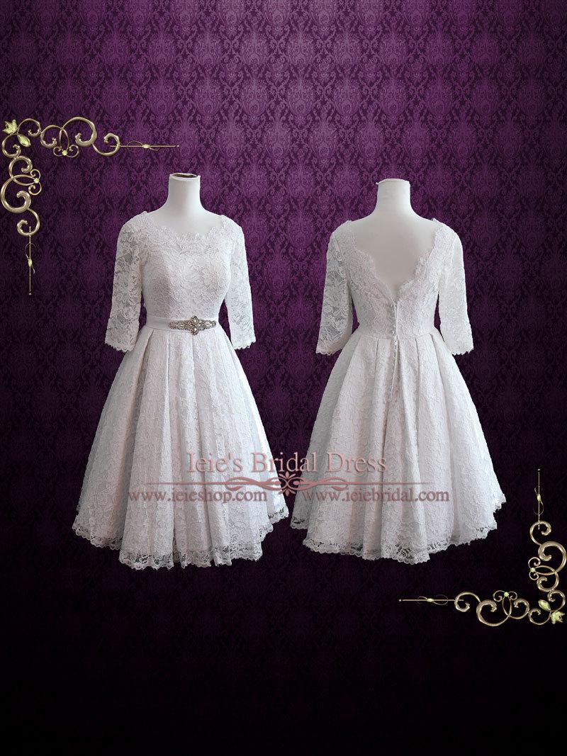 زفاف - Vintage Style Lolita Tea Length Pleated Lace Wedding Dress with Sleeves and Modest Neckline 