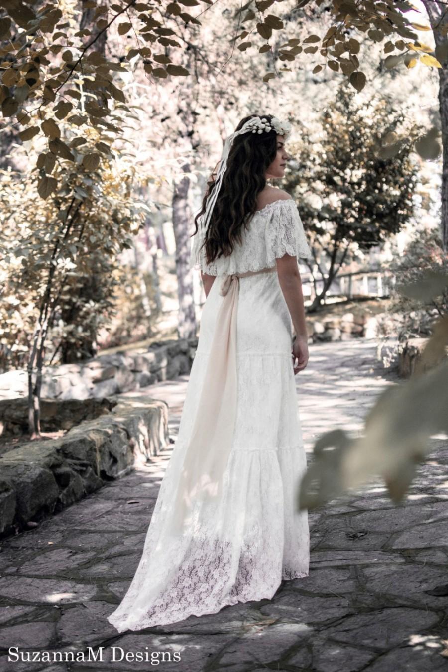 Hochzeit - Bohemian Long Bridal Dress Ivory Lace Wedding Dress Boho Long Dress - Handmade by SuzannaM