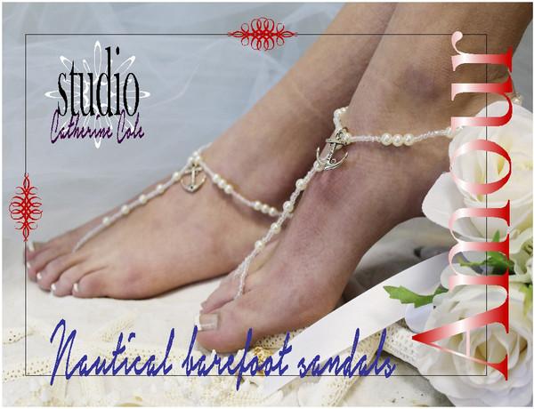 Wedding - Barefoot sandals, Anchor Amour, foot jewelry, footless, beach, pearls, beaded, nautical 