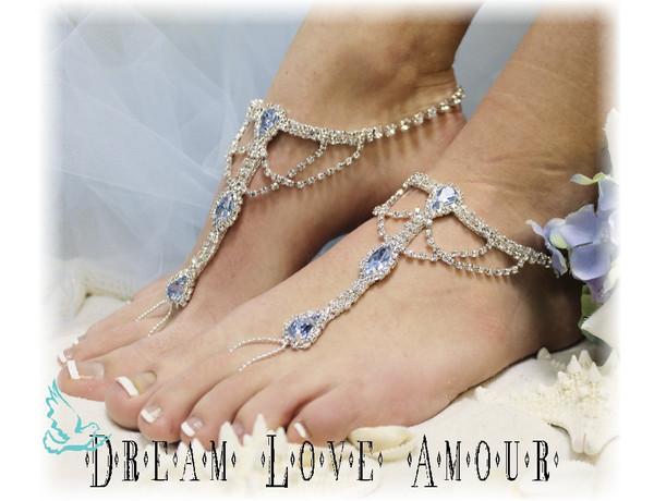 Свадьба - Barefoot sandals, beach, rhinestone, wedding,rhinestones, Something Blue, silver 