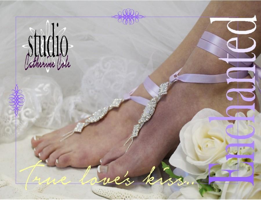 Wedding - Barefoot Sandals, ENCHANTED, beach, foot jewelry, ribbon, rhinestone, silver lavender 
