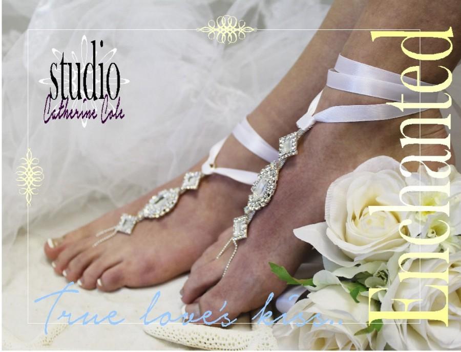 Свадьба - Barefoot sandals, Enchanted, beach, wedding, foot jewelry, ribbon, silver, white 