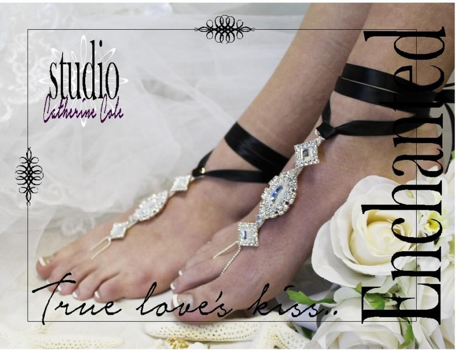 زفاف - Barefoot Sandals, Enchanted, foot jewelry, footless, beach, ribbon, rhinestone,silver black 