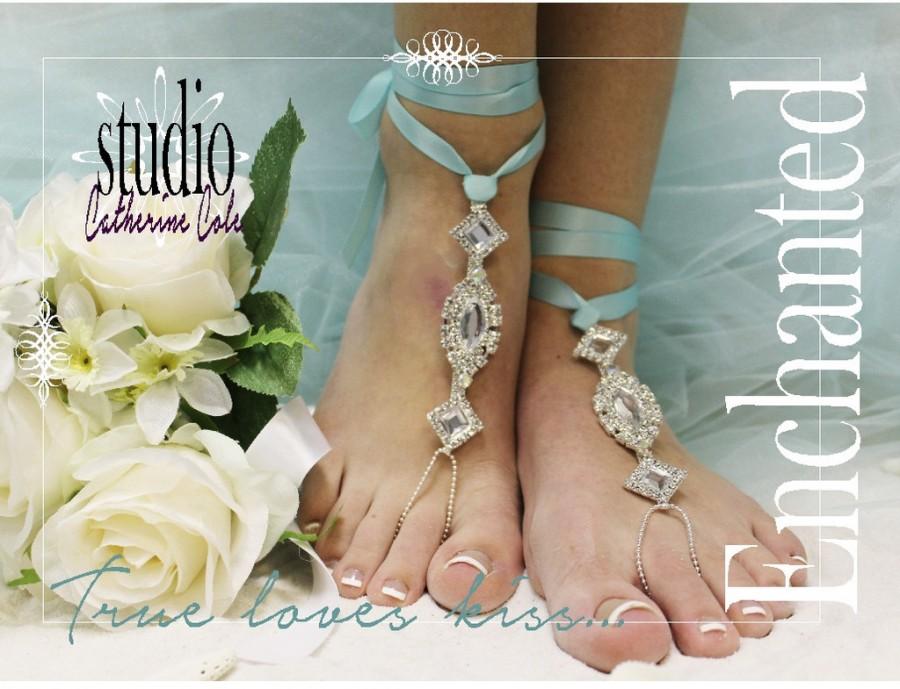 Mariage - Barefoot sandals, Enchanted, footless, ribbon, rhinestone,wedding, beach,aqua 