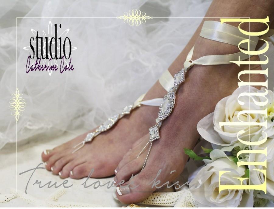 زفاف - Barefoot Sandals, Enchanted, footless, foot jewelry, beach, wedding, rhinestone, silver ivory 