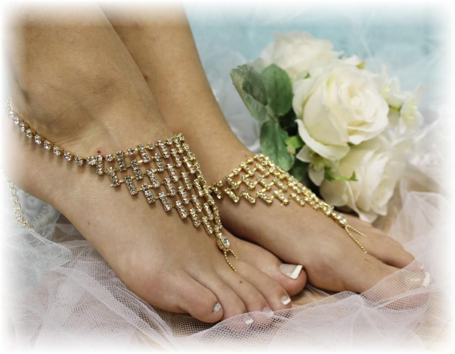 Свадьба - Barefoot sandals, rhinestone, beach, foot jewelry, wedding, Dazzling, gold rhinestone 