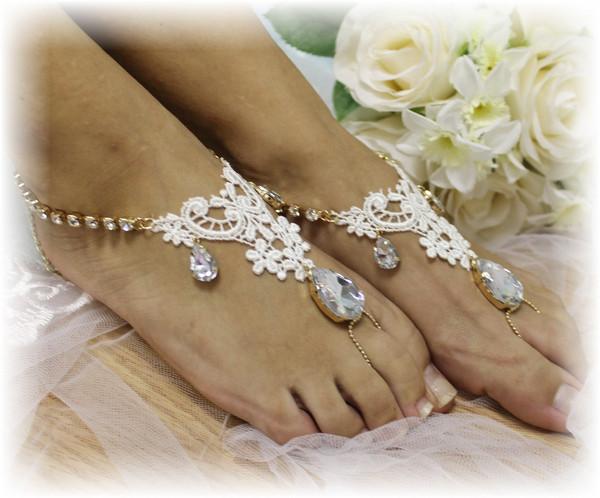 Wedding - barefoot sandals, Romance, foot jewelry, beach, wedding, gold rhinestone / ivory lace 