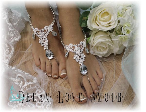 Mariage - Barefoot sandals, Romance, wedding, beach, silver rhinestones,white lace 
