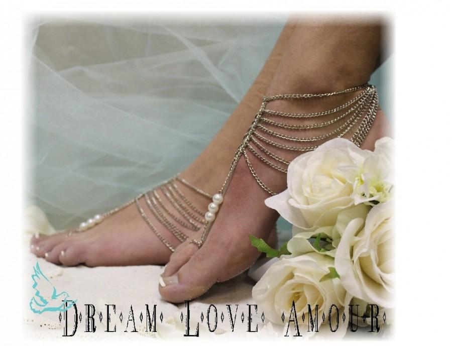 Свадьба - Silver Barefoot sandals, foot jewelry, footless, beach, wedding, Boho, beach, GRECIAN GODDESS 