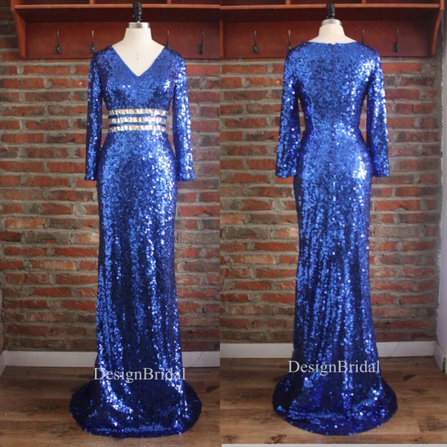 Mariage - Shiny Mermaid Sequin Prom Dress,V neck Sequin Dress Blue,Bridal Party Dress Floor Length,Long Sexy Dress Crystal, 3/4 Sleeves 2015 Winter
