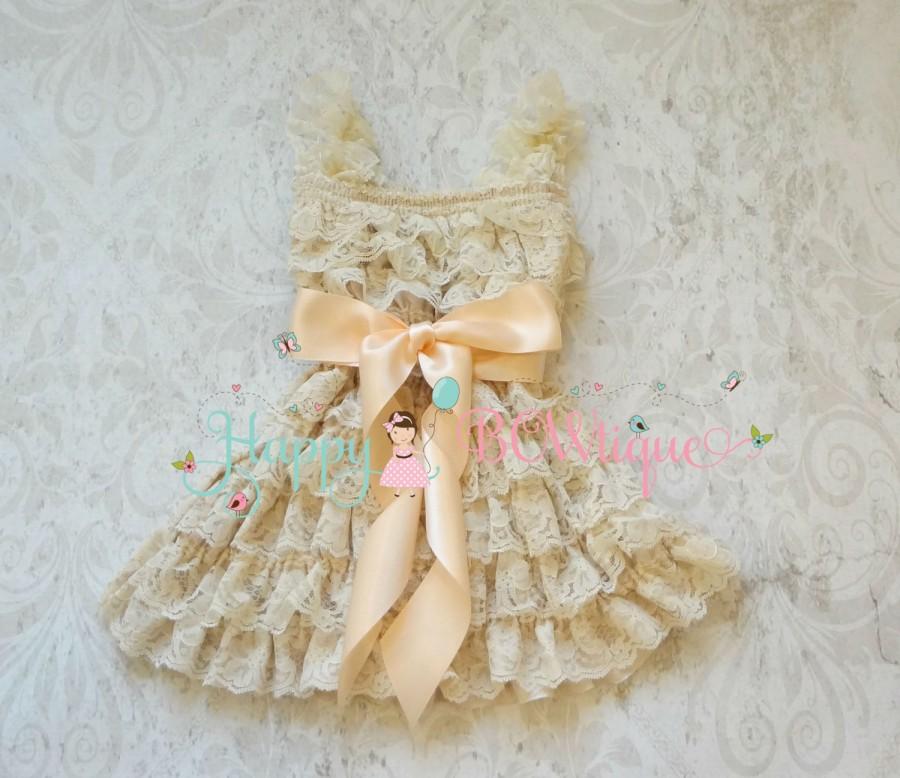 Mariage - Flower girl dress- Blush Champagne Bow Lace Dress,baby Flower Girl dress,Rustic dress,baby dress,flower girl lace dress,baptism, Girls Dress