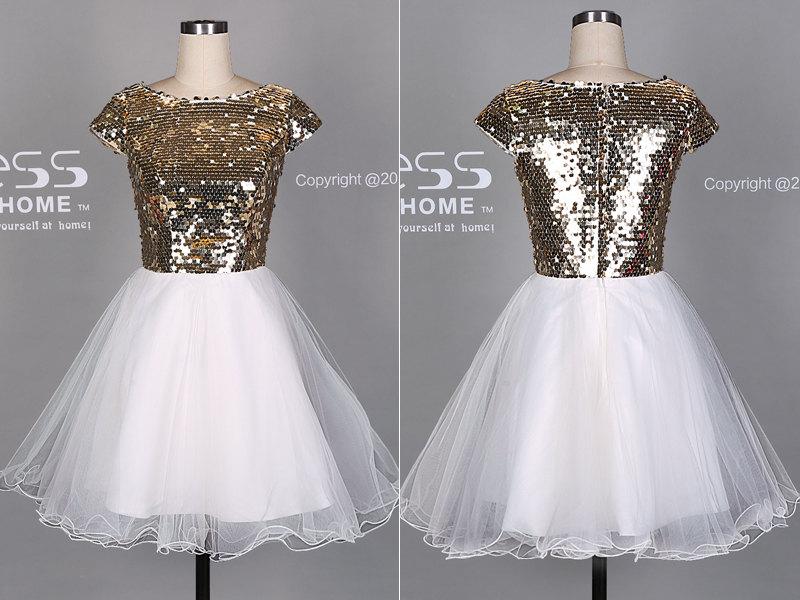 Mariage - Gold Sequins Cap Sleeve Beading Short Prom Dress/Sexy Wedding Party Dress/Short Tulle Prom Dress/Mini Party Dress/Homecoming Dress DH193