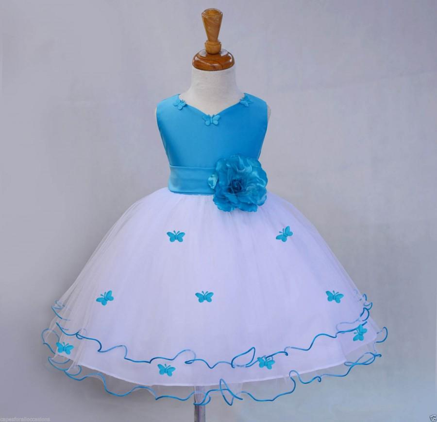 Wedding - White Turquoise Blue Flower Girl butterfy tulle dress tie sash pageant wedding bridal recital children toddler size 12-18m 2 4 6 8 10  