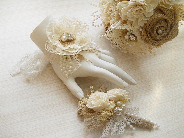 Свадьба - Rustic Shabby Chic Wrist Corsage and/or Boutonniere, Burlap, Sola Flowers, Lace, Rhinestones & Pearl, Rustic Shabby. Made to Order.