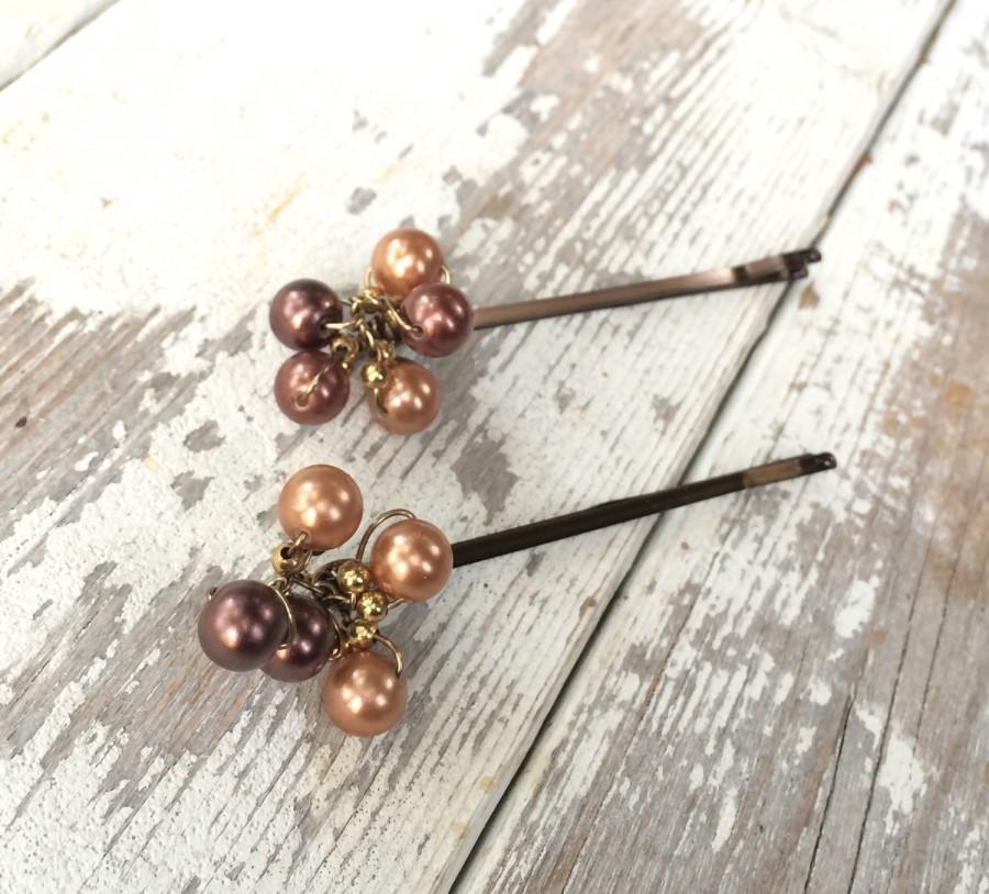 Hochzeit - Champagne brown glass pearl bridal hair accessories wire wrapped beaded bobby pins woodland wedding hair pins fall bridesmaid hair jewelry