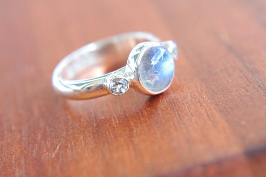 Hochzeit - Moonstone and White Topaz Ring Sterling Silver Moonstone Engagement Ring Topaz Promise Ring Silversmithed Metalsmithed