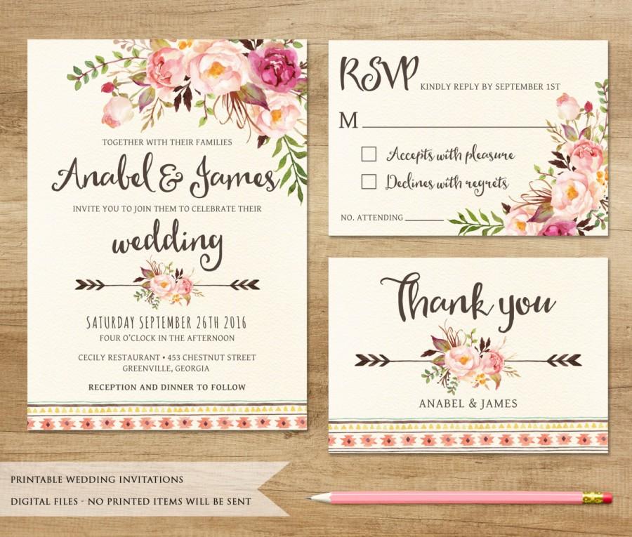 Wedding - Floral Wedding Invitation. Printable Wedding Invitation. Rustic Invitation. Boho Wedding Invitation. Bohemia Wedding. Country Wedding Invite