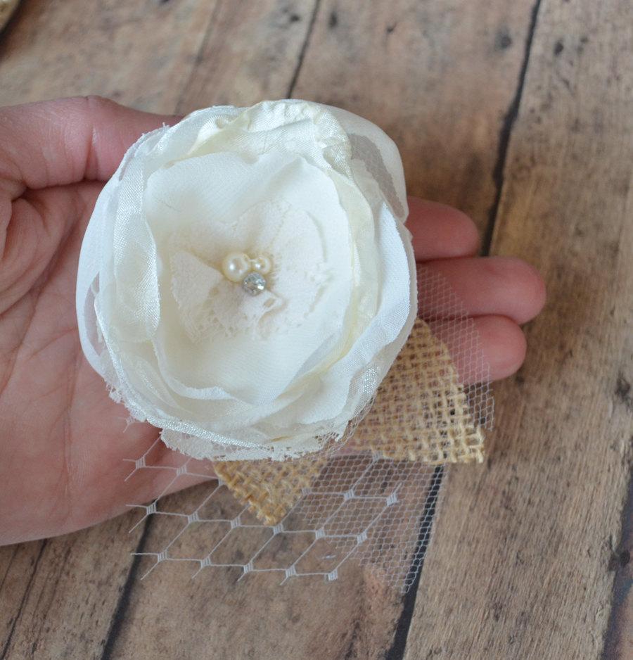 Hochzeit - Burlap Wedding Hair Flower / ivory chiffon and lace hair piece with french netting, burlap, organza and chiffon flower bridesmaids flower