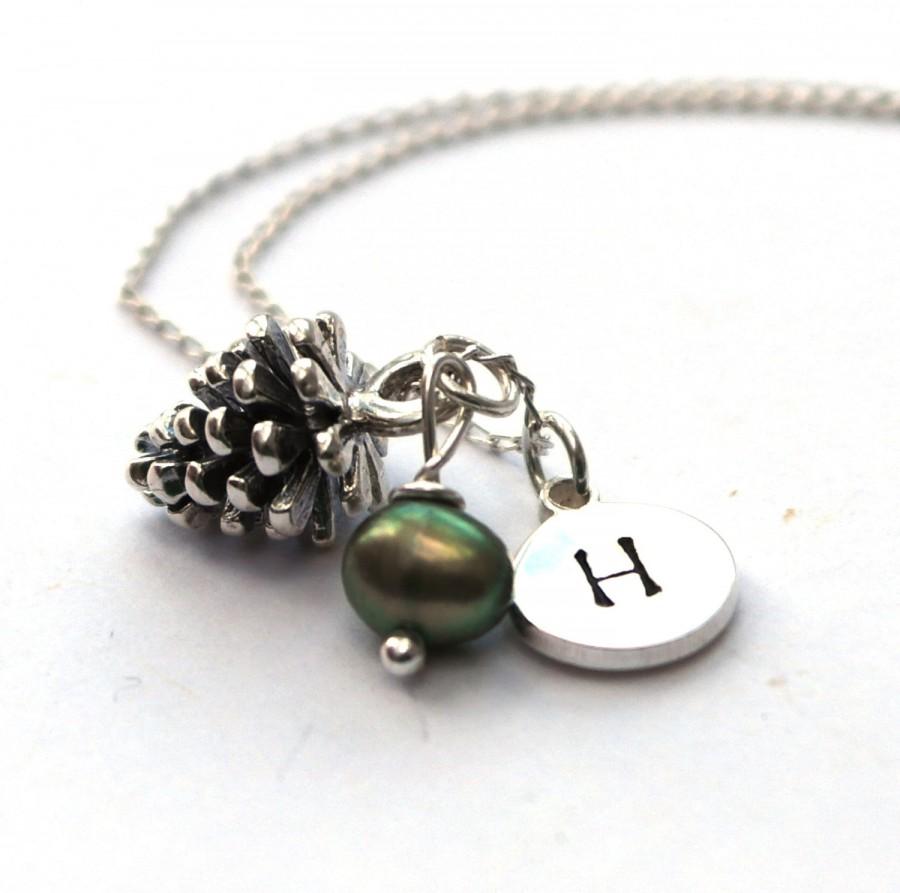 زفاف - Pine cone necklace - Personalized Pine Cone necklace - Initial necklace - Silver pine cone pendant - Nature necklace - Woodland