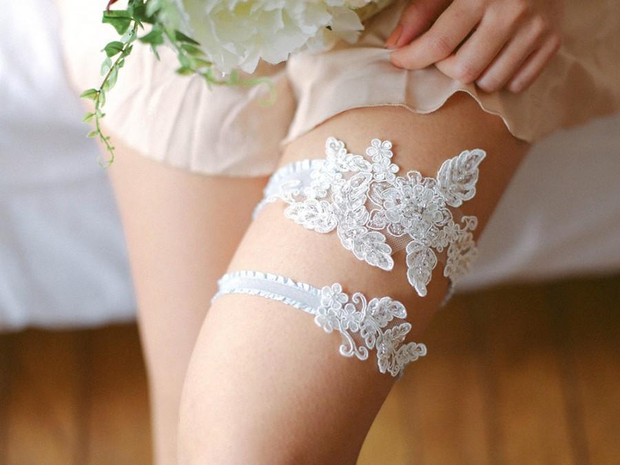 زفاف - Bridal lingerie, lace wedding garter set, sexy garter belt - style #516