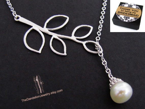 زفاف - Branch Lariat Necklace, Pearl Necklace, Bridesmaid Gift, Pendants, Message Card, SALE 10% OFF