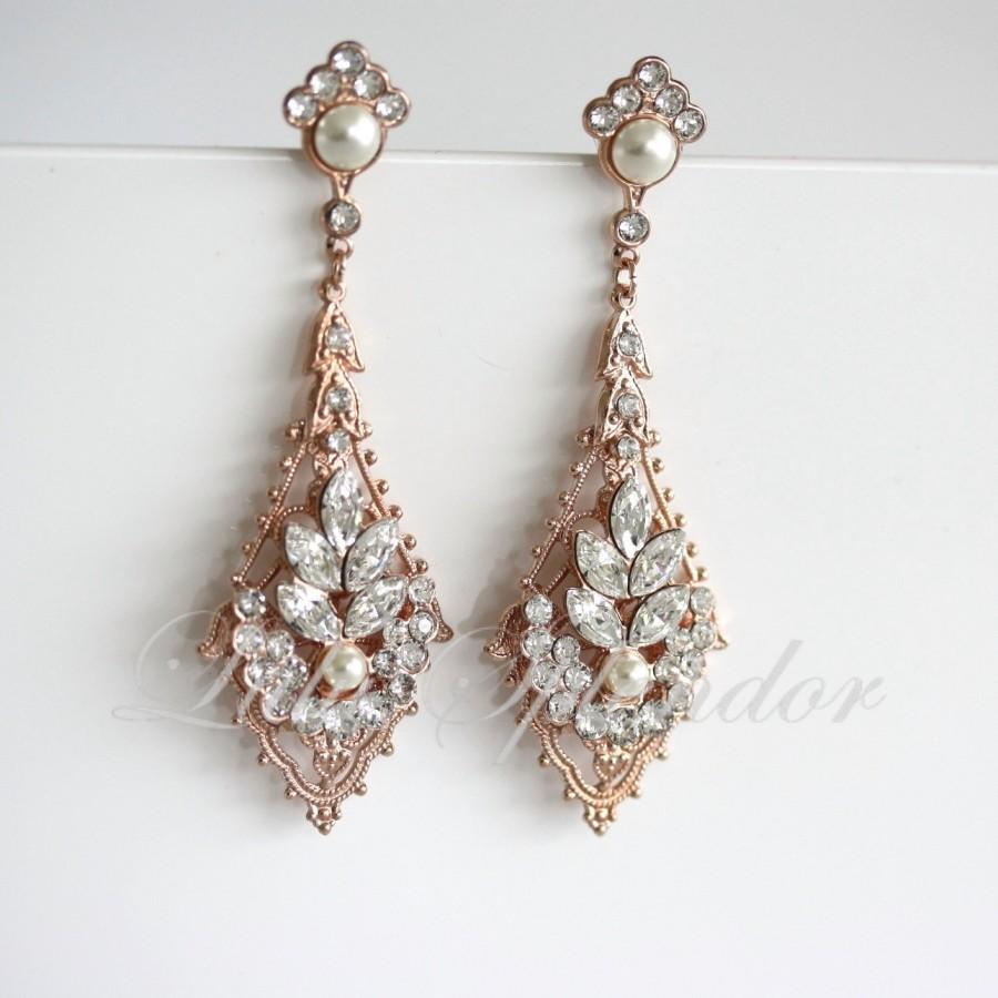 Свадьба - Rose Gold Wedding Earrings Chandelier Bridal Earrings Swarovski Pearl Crystal Art Deco Wedding Earrings Vintage Wedding Jewelry URSULA
