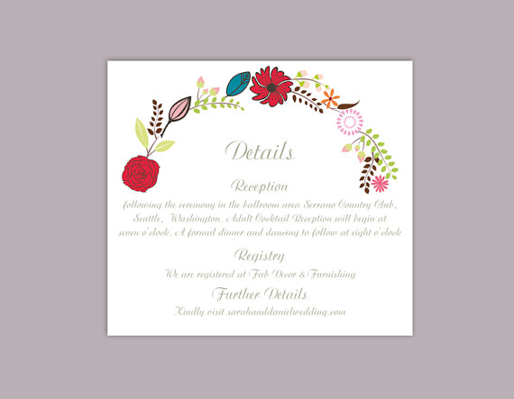 Свадьба - DIY Wedding Details Card Template Editable Word File Instant Download Printable Detail Card Red Colorful Detail Card Floral Information Card