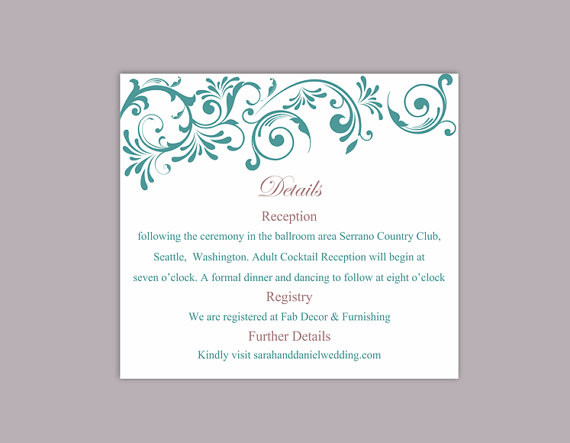 زفاف - DIY Wedding Details Card Template Editable Word File Instant Download Printable Details Card Teal Blue Details Card Elegant Enclosure Cards