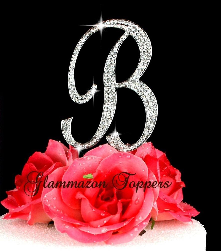 Hochzeit - Large initial Letter B script font wedding cake topper rhinestone bling crystal cake Birthday engagement cake Topper