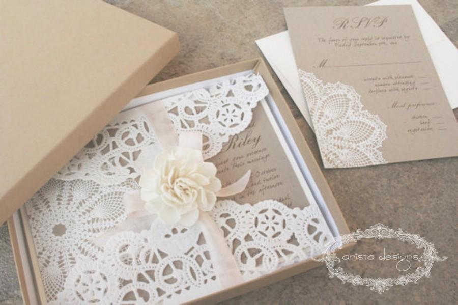 Hochzeit - SALE : lace invitations - Lace doily - featured in VOGUE UK - Boxed invitation - Lillian Collection-  Sample