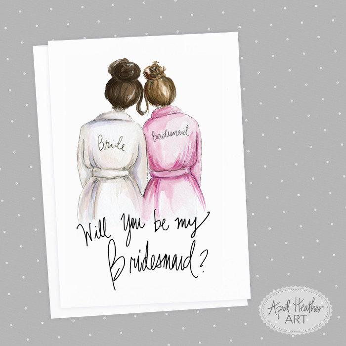 Mariage - Bridesmaid PDF Dark Brunette Bride and Brunette Bridesmaid, Will You Be My bridesmaid card PDF printable card