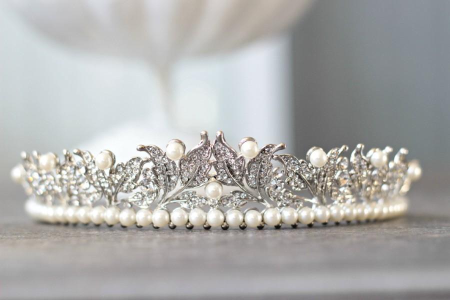 زفاف - Victorian Pearl Bridal Tiara, Victorian Pearl Tiara, Diamante Tiara, Leaf Pearl Wedding Tiara, Swarovski Crystal Edwardian Bridal Tiara