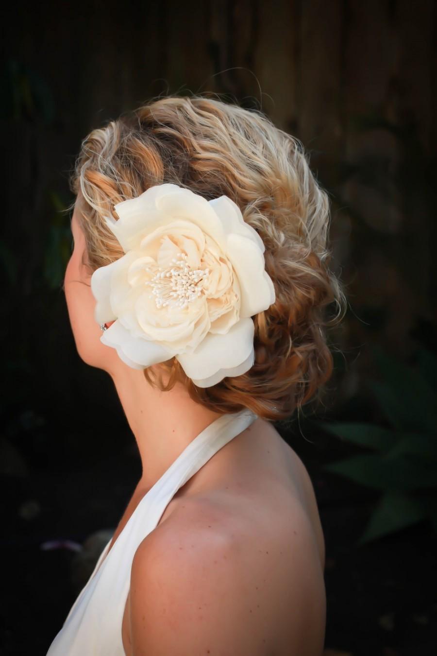 زفاف - Adele bridal hair flower, Vintage ivory/creme or white silk rose hair flower, bridal hair accessories,