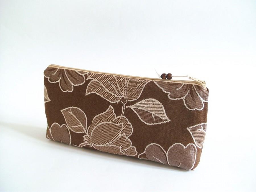 Wedding - OOAK Brown Clutch, Bohemian Cosmetic Bag, Floral Wedding Purse, Gift for Her