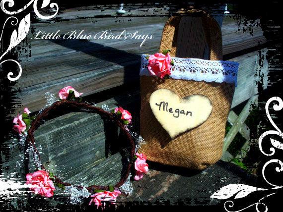 Mariage - Rustic flower girl burlap bag and flower crown set Personalized rustic wedding burlap bag