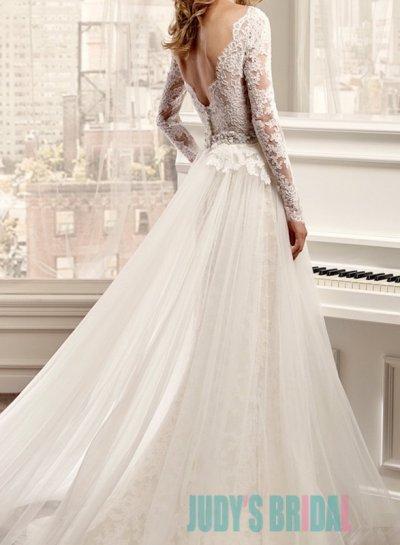 Hochzeit - Romantic illusion lace long sleeves sheath wedding dress 2016