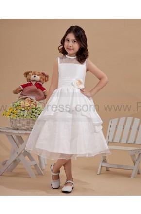 Wedding - Bateau Tea Length Ruched White Flower Girl Gowns
