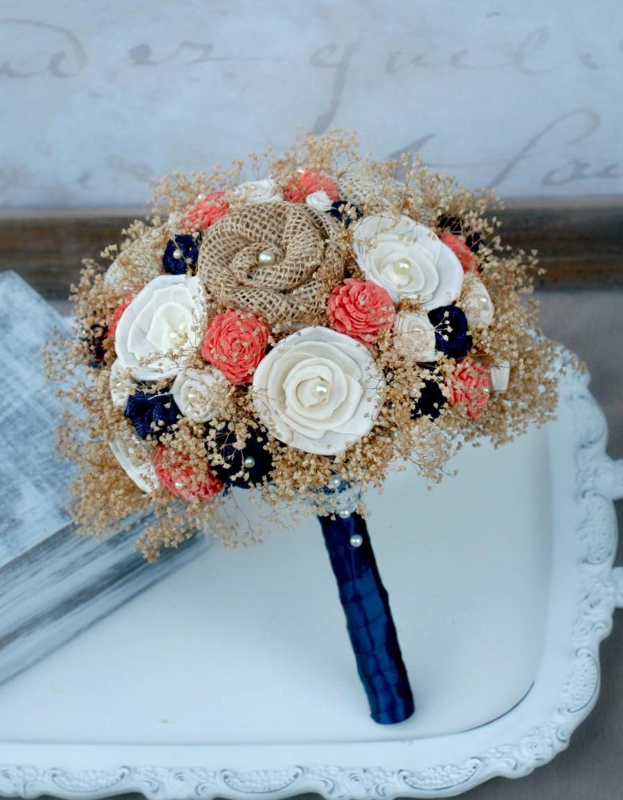 Hochzeit - Custom Dyed Coral Orange & Navy Heirloom Bride's Bouquet - Coral and Navy Collection - Cream Ivory Sola Wood, Wildflowers, Burlap Flowers