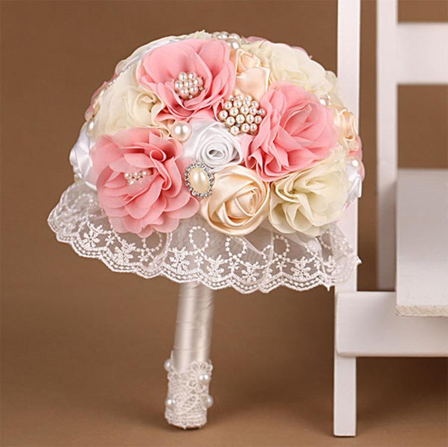 Wedding - Handmade Artificial Beads & Silk Rose Bouquet - Cream and Pink